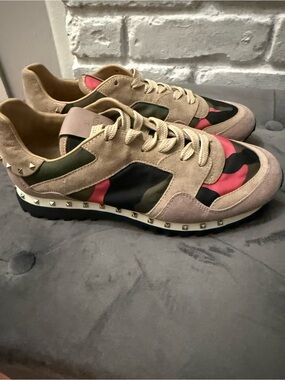 Valentino Beige Suede Camouflage Accent Sneakers with Pink Panels